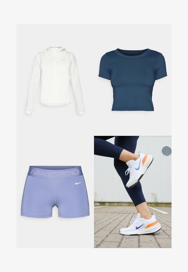 White Nike jacket with a hood, full zip, elastic cuffs, and a subtle logo on the chest. Smooth texture and lightweight design.; Navy blue cropped t-shirt made of smooth, stretchy fabric. Features a round neckline and short sleeves with simple stitching details.; Nike Pro compression shorts in light purple, featuring a wide waistband with "NIKE PRO" text, smooth texture, and patterned side accents.; Nike running shoe, predominantly white with a purple swoosh and orange accent. Features a textured fabric upper and a cushioned sole.