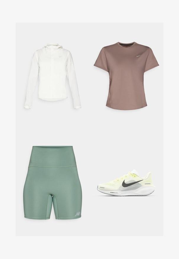 Valkoinen Nike-takki hupulla, täyspitkällä vetoketjulla, joustavilla hihansuilla ja hillityllä logolla rinnassa. Sujuva pinta ja kevyt muotoilu.; Ruskea urheilupaita, jossa on pyöreä kaula-aukko, lyhyet hihat ja huomaamattomat sivureikähdet. Rinnassa on pieni heijastava Nike-logo.; Korkeat vyötäröltä olevat urheilusortsit hillityssä vihreässä värissä. Valmistettu sileästä, joustavasta materiaalista, jossa on litteät saumat ja heijastava logoleima.; Nike juoksukengät, joissa on vaaleankeltainen ja valkoinen verkko-osa, harmaita yksityiskohtia ja joustava kumipohja. Varusteet nauhakiinnityksellä.