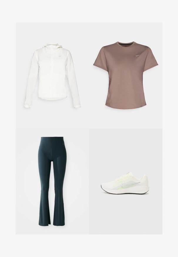 Chaqueta blanca de Nike con capucha, cremallera completa, puños elásticos y un logo sutil en el pecho. Textura suave y diseño ligero.; Camiseta deportiva marrón con cuello redondo, mangas cortas y sutiles detalles de abertura lateral. Presenta un pequeño logo reflectante de Nike en el pecho.; Leggings acampanados en azul oscuro con cintura alta, fabricados en tejido elástico. Presentan un sutil detalle de logo cerca de la cintura. Textura suave.; Nike Performance DOWNSHIFTER 13 - Zapatillas running asfalto - sail/silver-coloured photon dust/summit white/barely volt/black