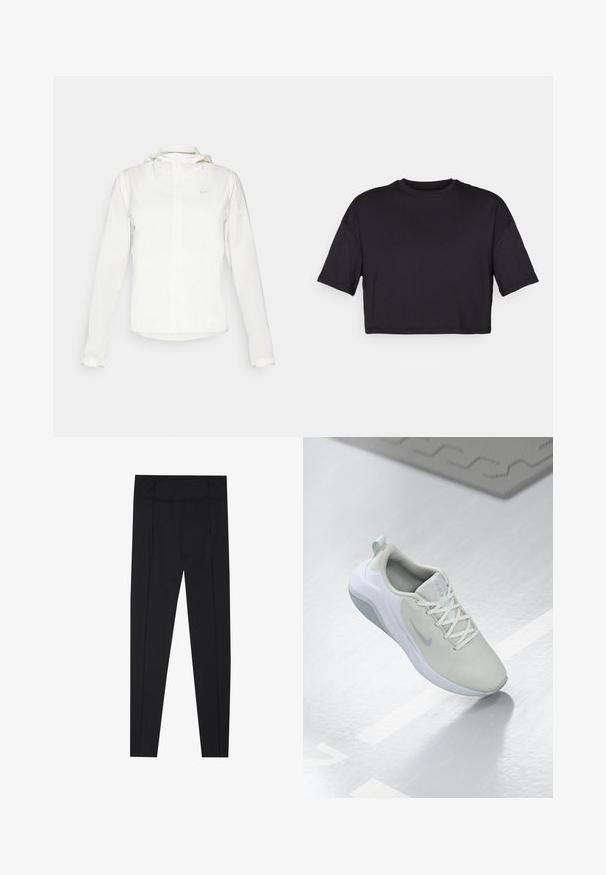 Fehér Nike dzseki kapucnival, teljes cipzárral, rugalmas mandzsettákkal és egy diszkrét logóval a mellkason. Sima textúrájú és könnyű kialakítású.; Fekete rövidított póló puha anyagból, kerek nyakkivágással és rövid, széles ujjakra, egyszerű, varrás nélküli dizájnnal.; Fekete leggings sima textúrával, magas derékkal és oldalfelületeken varrási részletekkel. Karcsú szabású, különféle tevékenységekhez megfelelő.; Világosszürke sportcipő hálós felsőrésszel, kör alakú mintával, fehér kiegészítőkkel, lapos fűzőkkel és texturált talppal a tapadásért.