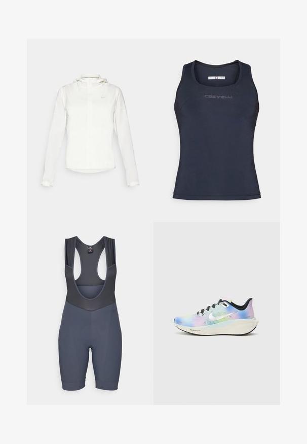 Hvit Nike-jakke med hette, hel glidelås, elastiske mansjetter og en diskret logo på brystet. Glatt tekstur og lett design.; Marineblå idrettstopp laget av glatt, elastisk stoff. Har rund halsutringning og diskret merke på brystet.; Grå polstrede sykkelbibshorts med netting skulderstropper, rund utringning og tettsittende benband. Laget av elastisk, pustende stoff.; Nike løpesko med gradientfinish i lyseblå, rosa og grønne nyanser. Svarte lisser og såle; sølvfarget logoaksent.