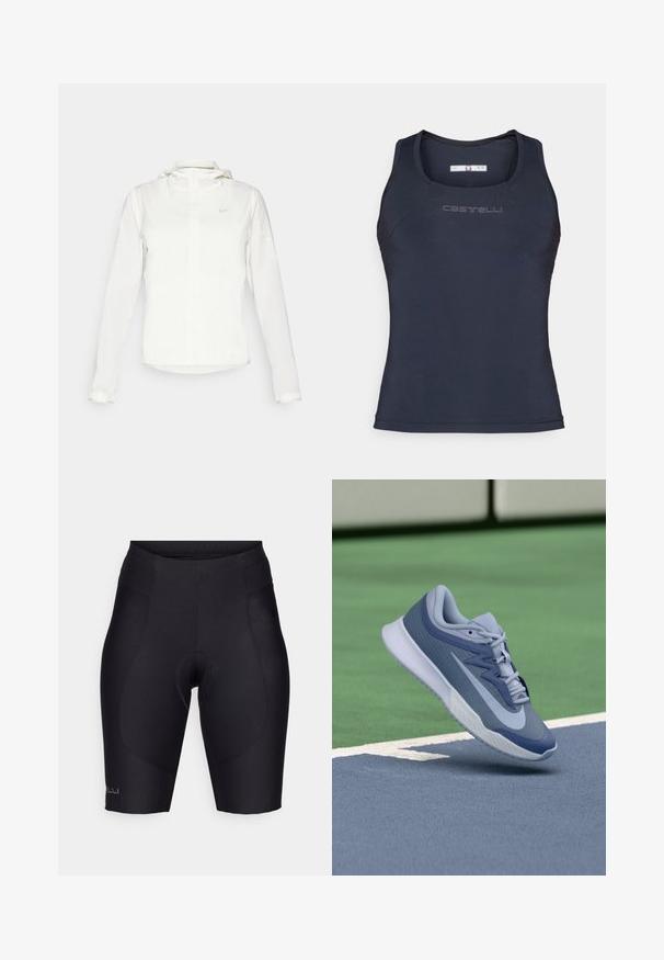 Biela Nike bunda s kapucňou, plným zipsom, elastickými manžetami a jemným logom na hrudi. Hladká textúra a ľahký dizajn.; Námornícky modrý športový top s tenkým ramienkom, vyrobený z hladkej, elastickej látky. Má okrúhly výstrih a jemné logo na hrudi.; Čierne cyklistické šortky z elastického materiálu, so zateplenou vložkou, elastickým pásom a hladkými švami pre štíhly strih.; Športové tenisky v svetlomodrej a námorníckej farebnej kombinácii, s textúrovaným zvrškom, plochými šnúrkami a ľahkou bielou podrážkou. Vyvýšené nad povrchom ihriska.