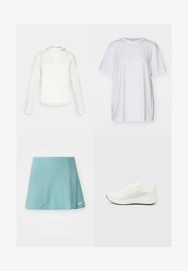 Casaco branco da Nike com capuz, fecho completo, punhos elásticos e um logótipo subtil no peito. Textura suave e design leve.; Camiseta oversized branca feita de algodão, com decote redondo, mangas curtas e rachas laterais para um ajuste descontraído. Textura suave.; Saia atlética de cor azul clara, feita de um tecido liso e elástico. Apresenta uma abertura lateral e um pequeno logótipo da Nike em branco na parte inferior da frente.; Nike Performance DOWNSHIFTER 13 - Sapatos para corrida em estrada - sail/silver-coloured photon dust/summit white/barely volt/black
