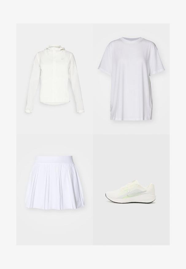 Fehér Nike dzseki kapucnival, teljes cipzárral, rugalmas mandzsettákkal és egy diszkrét logóval a mellkason. Sima textúrájú és könnyű kialakítású.; Fehér, nagyméretű pamut póló, kerek nyakkivágással, rövid ujjakkal és oldalsó hasítékokkal a laza illeszkedés érdekében. Simma textúra.; Fehér, redőzött szoknya puha, elasztikus derékrésszel, sima textúrával és minimalista dizájnnal, kiegészítő minták vagy díszítések nélkül.; Nike Performance DOWNSHIFTER 13 - Utcai futócipők - sail/silver-coloured photon dust/summit white/barely volt/black
