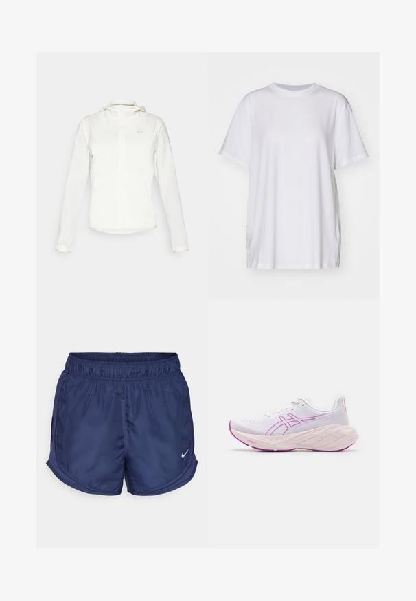 Veste blanche Nike avec capuche, fermeture éclair intégrale, poignets élastiques et un logo discret sur la poitrine. Texture lisse et design léger.; T-shirt blanc oversize en coton, avec un col rond, des manches courtes et des fentes sur les côtés pour un ajustement décontracté. Texture lisse.; Shorts de sport navy avec une taille élastique et des panneaux en mesh sur les côtés. Présente un petit logo Nike blanc en bas à gauche.; Chaussure de sport blanche avec des accents roses, upper texturé, design léger et semelle épaisse à plusieurs couches. Logo présent sur le côté.