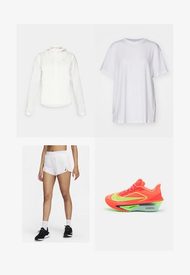 Valkoinen Nike-takki hupulla, täyspitkällä vetoketjulla, joustavilla hihansuilla ja hillityllä logolla rinnassa. Sujuva pinta ja kevyt muotoilu.; Valkoinen ylisuuri t-paita, joka on valmistettu puuvillasta. Paitassa on pyöreä kaula-aukko, lyhyet hihat ja sivuhalkiot, jotka tarjoavat rentoa istuvuutta. Silkkinen rakenne.; Valkoiset urheilushortsit, joissa on resorivyötärö, sivuhaarat ja musta Nike-logo. Yhdistetty mustiin tennareihin ja valkoisiin polvisukkiin.; Juoksumyyrä neonoranssissa värissä, jossa on hengittävä verkkomateriaali, korostetut vihreät yksityiskohdat ja erityinen paksu vaahtomuovinen keskivesi pehmusteena.