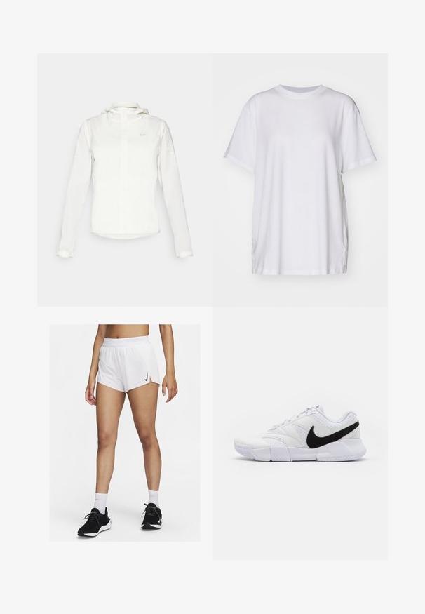 White Nike jacket with a hood, full zip, elastic cuffs, and a subtle logo on the chest. Smooth texture and lightweight design.; White oversized t-shirt made of cotton, featuring a crew neckline, short sleeves, and side slits for a relaxed fit. Smooth texture.; White athletic shorts with a ribbed waistband, side slits, and a black Nike logo. Worn with black sneakers and white crew socks.; White athletic shoe with a textured leather upper, a black swoosh logo, and a padded collar. Features a rubber sole for grip.