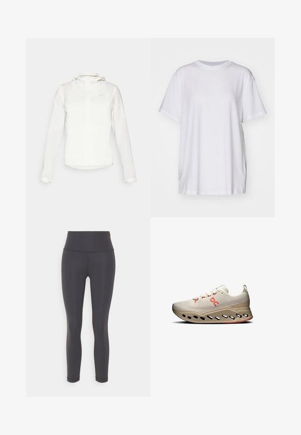 Giacca Nike bianca con cappuccio, zip completa, polsini elasticizzati e un logo discreto sul petto. Texture liscia e design leggero.; T-shirt bianco oversize in cotone, con colletto a girocollo, maniche corte e spacchi laterali per una vestibilità rilassata. Texture liscia.; Leggings atletici neri realizzati in materiale elasticizzato, con vita alta, silhouette elegante e design senza cuciture e senza motivi.; Scarpe atletiche beige chiaro con una parte superiore testurizzata, accenti rossi e una suola innovativa con fori per la traspirabilità e l'ammortizzazione.