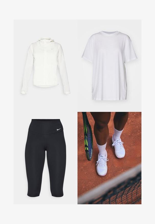 Veste blanche Nike avec capuche, fermeture éclair intégrale, poignets élastiques et un logo discret sur la poitrine. Texture lisse et design léger.; T-shirt blanc oversize en coton, avec un col rond, des manches courtes et des fentes sur les côtés pour un ajustement décontracté. Texture lisse.; Les leggings capri noirs Nike présentent une taille haute, un tissu extensible lisse et un détail de logo discret à l'avant.; Baskets de tennis blanches avec des panneaux en maille et des accents roses, associées à des chaussettes blanches, positionnées sur un court en terre battue avec une raquette de tennis à proximité.