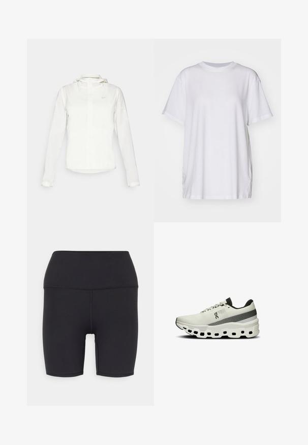 Weiße Nike-Jacke mit Kapuze, durchgehendem Reißverschluss, elastischen Bündchen und einem dezenten Logo auf der Brust. Glatte Textur und leichtes Design.; Weißes, übergroßes T-Shirt aus Baumwolle mit Rundhalsausschnitt, kurzen Ärmeln und seitlichen Schlitzen für eine entspannte Passform. Glatte Textur.; Schwarze Sportshorts aus dehnbarem Material, mit hohem Bund, glatter Textur und ohne sichtbare Muster oder Beschläge.; Weißer Sportschuh mit einem strukturierten Strickobermaterial, grauem Streifen und einer klobigen, gepolsterten Sohle mit sechseckigen Ausschnitten für Flexibilität.