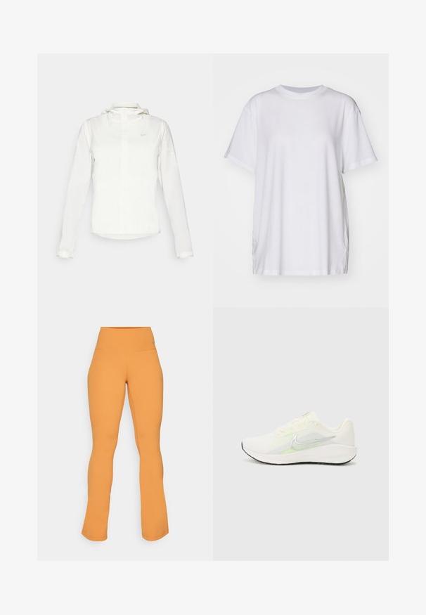 Chaqueta blanca de Nike con capucha, cremallera completa, puños elásticos y un logo sutil en el pecho. Textura suave y diseño ligero.; Camiseta blanca de gran tamaño hecha de algodón, con cuello redondo, mangas cortas y aberturas laterales para un ajuste relajado. Textura suave.; Leggings naranjas acampanados con una cinturilla alta, confeccionados en tela elástica. Presentan una textura suave y un discreto branding en la cintura.; Nike Performance DOWNSHIFTER 13 - Zapatillas running asfalto - sail/silver-coloured photon dust/summit white/barely volt/black