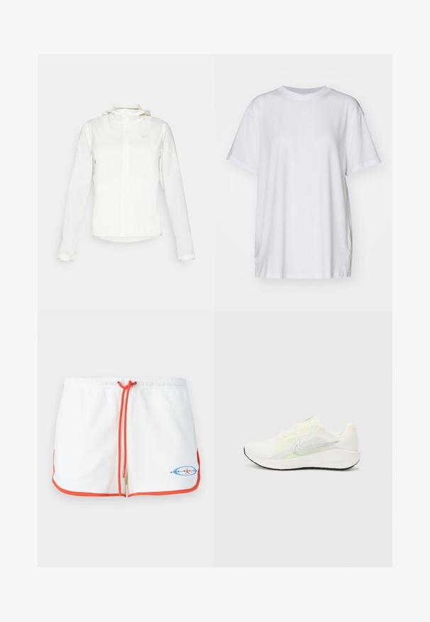 Vit Nike-jacka med huva, hel dragkedja, elastiska ärmslutar och en diskret logotyp på bröstet. Slät textur och lätt design.; Vitt oversized t-shirt i bomull med rund halsringning, korta ärmar och sidoflikar för en avslappnad passform. Slät textur.; Vita shorts med orange dragsko och kant. Har en grafisk logo i blått och rött. Mjukt tyg med en avslappnad design.; Nike Performance DOWNSHIFTER 13 - Väglöparskor - sail/silver-coloured photon dust/summit white/barely volt/black