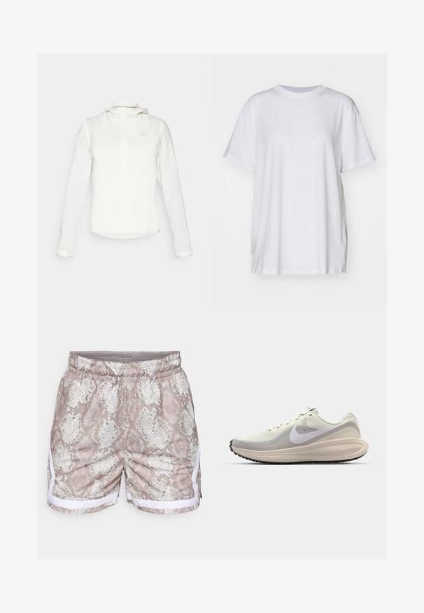Bijela Nike jakna s kapuljačom, punim zatvaračem, elastičnim manžetama i suptilnim logotipom na prsima. Glatka textura i lagan dizajn.; Bjela oversized majica od pamuka, s krojem oko vrata, kratkim rukavima i bočnim prorezima za opušteni izgled. Glatka tekstura.; Kratke hlače sa uzorkom zmijske kože u bež i bijeloj boji, s elastičnim pojasom i bijelim bočnim detaljima. Glatka tekstura, ležeran dizajn.; Tenisice s gornjim dijelom od svijetlosivog mrežastog materijala, bijelim Nike swoosh logotipom, podebljanim međuslojem, elegantnim oblikom i crnim gumastim potplatom s uzorkom.