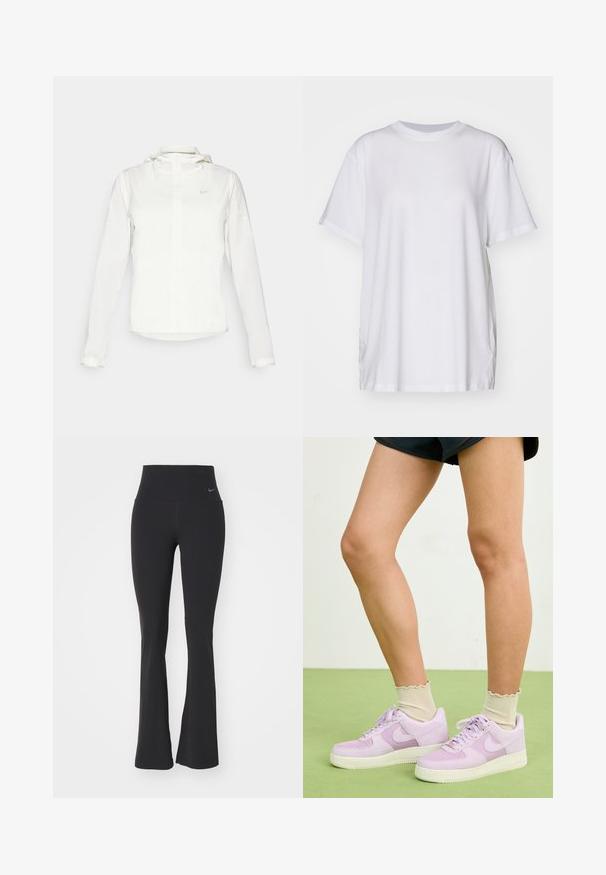 Witte Nike-jack met een capuchon, volledige rits, elastische manchetten en een subtiele logo op de borst. Gladde textuur en lichtgewicht ontwerp.; Witte oversized t-shirt van katoen, met een ronde hals, korte mouwen en zijsplitten voor een ontspannen pasvorm. Soepele textuur.; Zwarte yogabroek met een hoge tailleband, gemaakt van rekbare stof. Heeft een flared ontwerp en een klein Nike-logo op de taille.; Lichtpaarse Nike Air Force 1 sneakers van suède en leer, met witte zolen en bijpassende veters. Draagt met geribde crèmekleurige sokken.