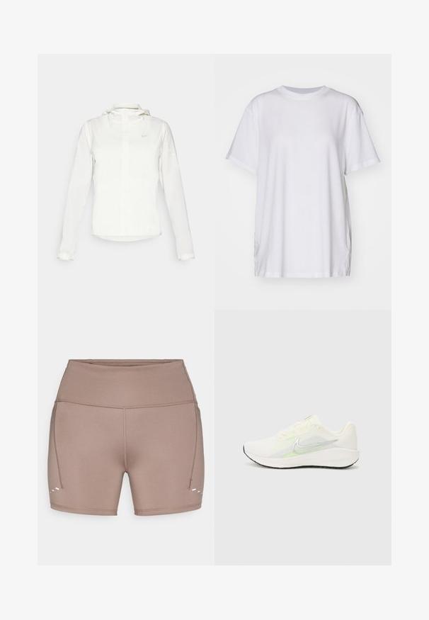 Valkoinen Nike-takki hupulla, täyspitkällä vetoketjulla, joustavilla hihansuilla ja hillityllä logolla rinnassa. Sujuva pinta ja kevyt muotoilu.; Valkoinen ylisuuri t-paita, joka on valmistettu puuvillasta. Paitassa on pyöreä kaula-aukko, lyhyet hihat ja sivuhalkiot, jotka tarjoavat rentoa istuvuutta. Silkkinen rakenne.; Ruskeat, joustavat urheiluhousut korkealla vyötäröllä, sivusaumasaumalla ja kolme valkoista koristeviivaa helman lähellä.; Nike Performance DOWNSHIFTER 13 - Katujuoksukengät - sail/silver-coloured photon dust/summit white/barely volt/black