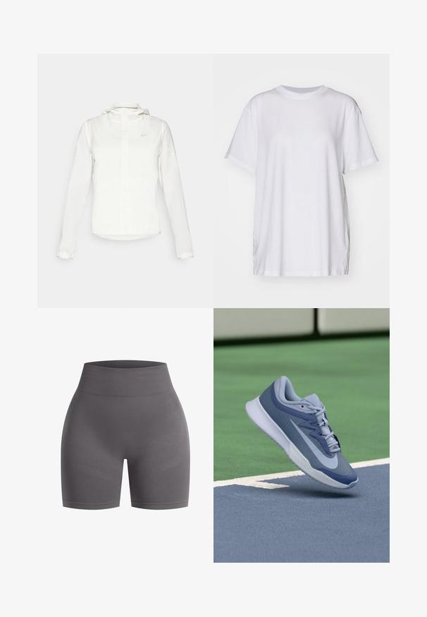 Chaqueta blanca de Nike con capucha, cremallera completa, puños elásticos y un logo sutil en el pecho. Textura suave y diseño ligero.; Camiseta blanca de gran tamaño hecha de algodón, con cuello redondo, mangas cortas y aberturas laterales para un ajuste relajado. Textura suave.; Pantalones cortos deportivos de talle alto en gris oscuro, con una textura suave y sutiles acentos ribeteados a lo largo de la cintura y las piernas.; Zapatilla deportiva en azul claro y marino, con un upper texturizado, cordones planos y una suela blanca ligera. Elevada por encima de una superficie de cancha.