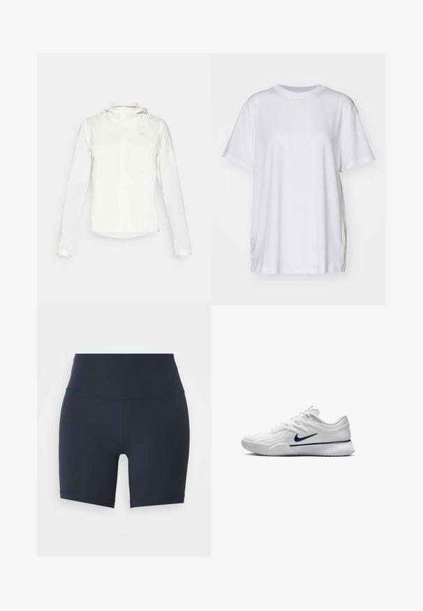 Weiße Nike-Jacke mit Kapuze, durchgehendem Reißverschluss, elastischen Bündchen und einem dezenten Logo auf der Brust. Glatte Textur und leichtes Design.; Weißes, übergroßes T-Shirt aus Baumwolle mit Rundhalsausschnitt, kurzen Ärmeln und seitlichen Schlitzen für eine entspannte Passform. Glatte Textur.; Navyblaue, hochgeschnittene Sportshorts aus dehnbarem Material, mit einer glatten Textur und kontrastierenden Nähten entlang der Seiten.; Weißer Sportschuh mit einem strukturierten Mesh-Obermaterial, navyblauen Akzenten und einer gepolsterten Sohle mit einem rutschfesten Muster. Schnürsenkel in das Design integriert.
