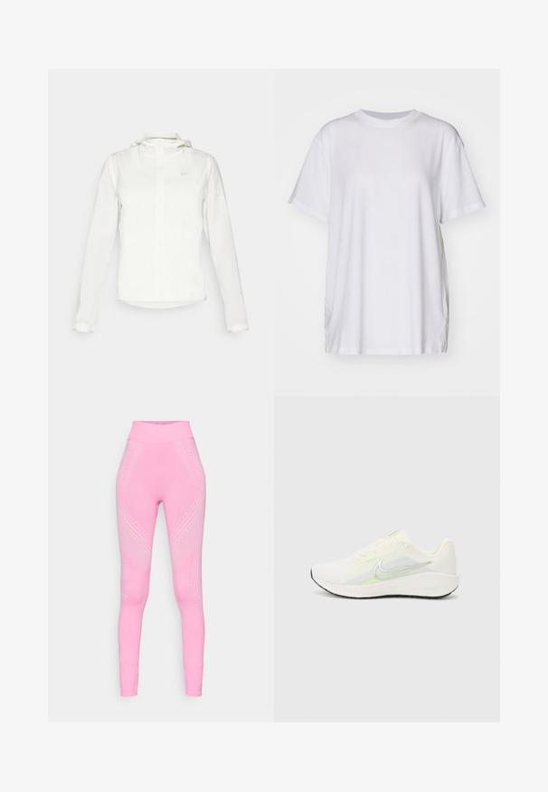 Biela Nike bunda s kapucňou, plným zipsom, elastickými manžetami a jemným logom na hrudi. Hladká textúra a ľahký dizajn.; Biele oversized tričko vyrobené z bavlny, s okrúhlym výstrihom, krátkymi rukávmi a bočnými rozparkami pre voľný strih. Hladká textúra.; Ružové športové legíny s vysokým pásom, s jemnými vlnitými vzormi a bodkovými akcentmi po bokoch. Mäkká, elastická látka.; Nike Performance DOWNSHIFTER 13 - Cestná bežecká obuv - sail/silver-coloured photon dust/summit white/barely volt/black