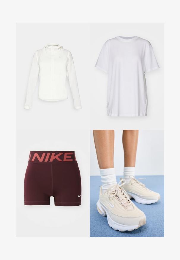 Vit Nike-jacka med huva, hel dragkedja, elastiska ärmslutar och en diskret logotyp på bröstet. Slät textur och lätt design.; Vitt oversized t-shirt i bomull med rund halsringning, korta ärmar och sidoflikar för en avslappnad passform. Slät textur.; Burgundy atletiska shorts med en bred midja som har "NIKE"-logotypen i en kontrasterande röd färg. Tillverkade av ett mjukt och elastiskt material.; Beiga träningsskor med en texturerad ovandel, vita snören och en tjock vit sula. Designen har subtila kurvor och en liten logotyp.