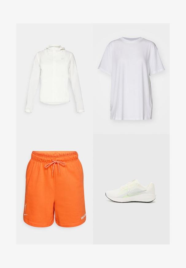 Balta Nike jaka ar kapuci, pilna rāvējslēdzēja, elastīgām piedurknēm un diskrētu logotipu uz krūšu daļas. Gluda tekstūra un viegla konstrukcija.; Balts oversize T-krekls izgatavots no kokvilnas, ar apaļu kakla izgriezumu, īsām piedurknēm un sānu šķelumiem, lai nodrošinātu brīvu piegriezumu. Gluda tekstūra.; Oranžās kokvilnas šortos ir elastīga josta ar auklu. Kreisajā kājā ir balts logo. Gluda tekstūra un ikdienišķs dizains.; Nike Performance DOWNSHIFTER 13 - Apavi skriešanai pa asfaltu - sail/silver-coloured photon dust/summit white/barely volt/black