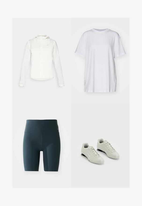 Balta Nike striukė su gobtuvu, pilnu užtrauktuku, elastingomis rankovėmis ir subtiliu logotipu ant krūtinės. Sklandi tekstūra ir lengvas dizainas.; Balta per didelė medvilninė marškinėlių, su apvalia iškirpte, trumpomis rankovėmis ir šoninėmis praplatinimų detalėmis, užtikrinančiomis komfortišką prigludimą. Sklandus paviršius.; Aukštos juosmens, iki kelių siekiančios legging'os tamsiai pilkos spalvos audinyje su lygia tekstūra; šalia juosmens yra nedidelis logotipo ženklas.; Balti Nike sportbačiai su tekstūruotu viršumi, turintys lygaus paviršiaus nosinę ir juodų pagalvėlių akcentų. Kaklaraiščiais užsirišami, su sustiprinta kulno dalimi.