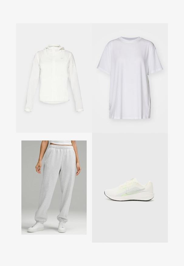 Witte Nike-jack met een capuchon, volledige rits, elastische manchetten en een subtiele logo op de borst. Gladde textuur en lichtgewicht ontwerp.; Witte oversized t-shirt van katoen, met een ronde hals, korte mouwen en zijsplitten voor een ontspannen pasvorm. Soepele textuur.; Grijze sweatpants gemaakt van een katoenmix, met een elastische tailleband, zijzakken en taps toelopende boorden, gecombineerd met witte sneakers.; Nike Performance DOWNSHIFTER 13 - Hardloopschoenen voor op de weg - sail/silver-coloured photon dust/summit white/barely volt/black