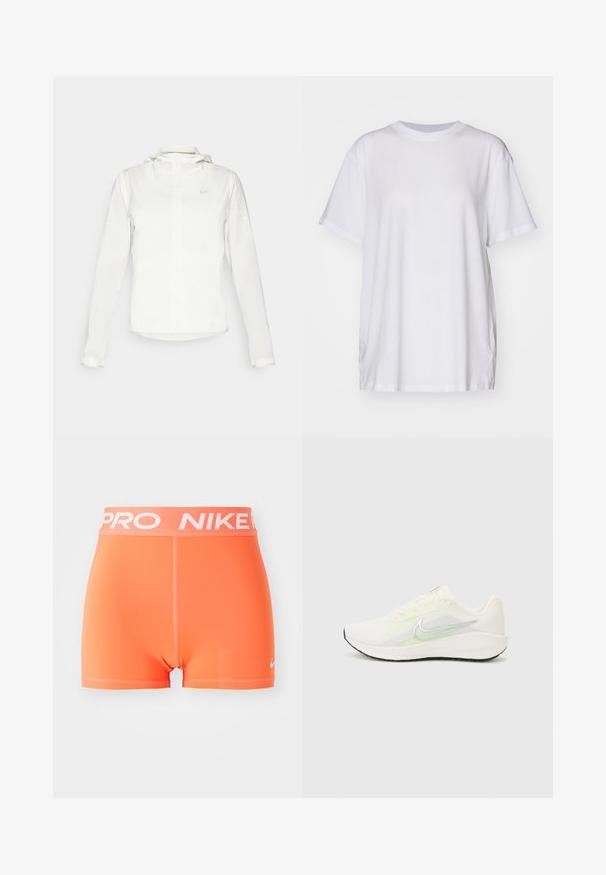White Nike jacket with a hood, full zip, elastic cuffs, and a subtle logo on the chest. Smooth texture and lightweight design.; White oversized t-shirt made of cotton, featuring a crew neckline, short sleeves, and side slits for a relaxed fit. Smooth texture.; Nike Pro shorts in bright orange. Made from a smooth, stretchy material with a white logo and waistband lettering. Features a minimalist design.; Nike Performance DOWNSHIFTER 13 - Road running shoes - sail/silver-coloured photon dust/summit white/barely volt/black
