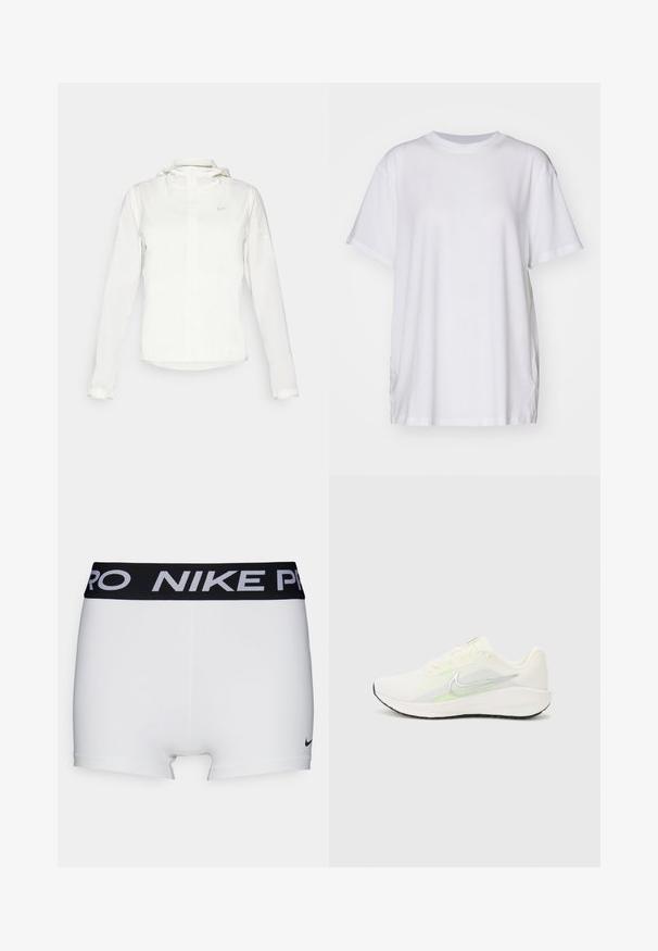 Bílá bunda Nike s kapucí, plným zipem, elastickými manžetami a decentním logem na hrudi. Hladká textura a lehký design.; Bílé oversized tričko vyrobené z bavlny, s kulatým výstřihem, krátkými rukávy a bočními rozparky pro uvolněný střih. Hladká textura.; Bílé sportovní šortky s černým páskem Nike Pro. Mají hladkou texturu a malou černou značku Nike poblíž lemu.; Nike Performance DOWNSHIFTER 13 - Silniční běžecké boty - sail/silver-coloured photon dust/summit white/barely volt/black