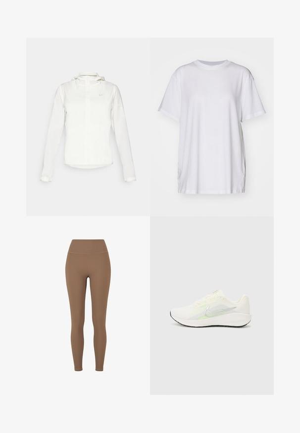 Veste blanche Nike avec capuche, fermeture éclair intégrale, poignets élastiques et un logo discret sur la poitrine. Texture lisse et design léger.; T-shirt blanc oversize en coton, avec un col rond, des manches courtes et des fentes sur les côtés pour un ajustement décontracté. Texture lisse.; Leggings marron côtelés avec une taille haute. Le tissu semble extensible et lisse, avec des coutures minimales et sans motifs visibles.; Nike Performance DOWNSHIFTER 13 - Chaussures de running sur route - sail/silver-coloured photon dust/summit white/barely volt/black