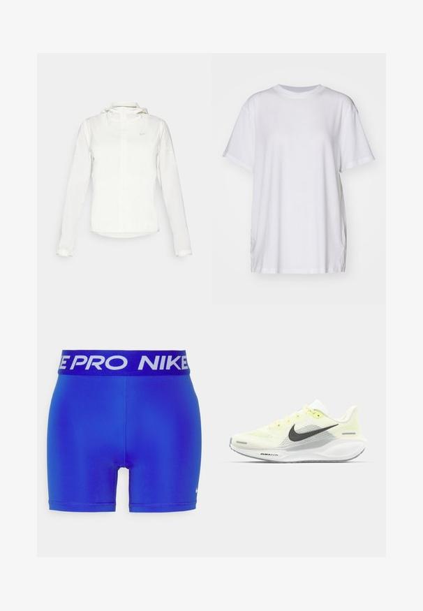 Giacca Nike bianca con cappuccio, zip completa, polsini elasticizzati e un logo discreto sul petto. Texture liscia e design leggero.; T-shirt bianco oversize in cotone, con colletto a girocollo, maniche corte e spacchi laterali per una vestibilità rilassata. Texture liscia.; Pantaloni sportivi blu con un bordo elastico nero che presenta "NIKE PRO" in bianco. Texture liscia e design aderente.; Scarpe da corsa Nike con una tomaia in rete giallo chiaro e bianco, dettagli grigi e una suola in gomma flessibile. Presentano una chiusura con lacci.