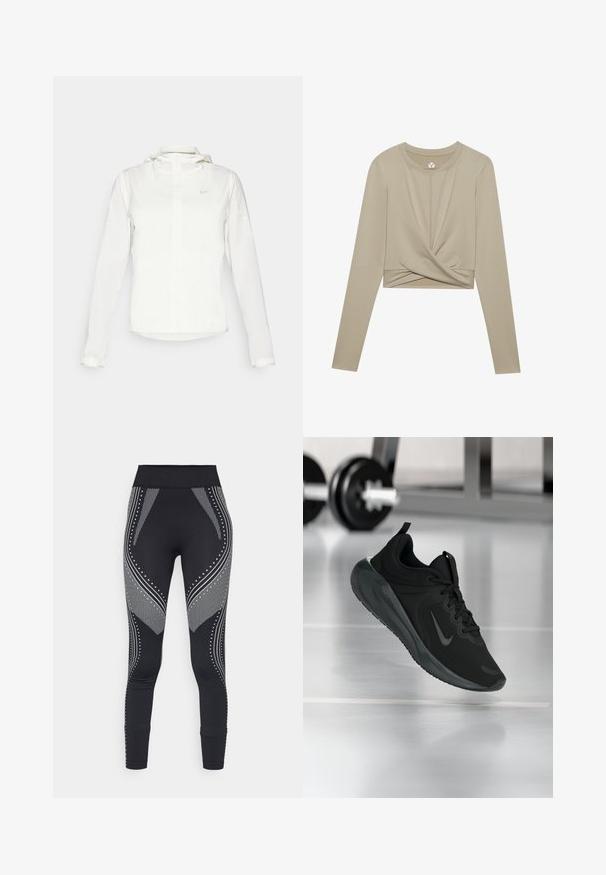 Bílá bunda Nike s kapucí, plným zipem, elastickými manžetami a decentním logem na hrudi. Hladká textura a lehký design.; Světle béžový cropped top s dlouhým rukávem a designem s krouceným předním dílem, vyrobený z hladké látky. Má kulatý výstřih a přiléhavé rukávy.; Černé legíny s širokým pasem, zdobené metalickými stříbrnými vzory a akcenty, včetně linií a teček po stranách.; Černé sportovní tenisky s logem Nike, zobrazené ve vzduchu na podlaze tělocvičny, s rozostřeným regálem s činkami na pozadí.
