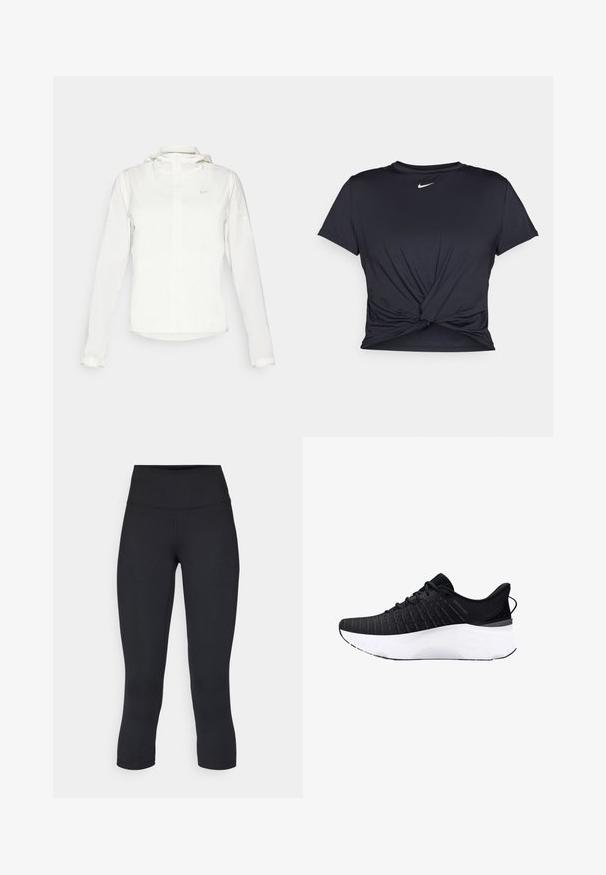 Giacca Nike bianca con cappuccio, zip completa, polsini elasticizzati e un logo discreto sul petto. Texture liscia e design leggero.; Maglietta atletica nera realizzata in tessuto liscio, con un design anteriore annodato e un piccolo logo Nike bianco sul petto.; Leggings cropped neri realizzati in tessuto elasticizzato, con vita alta e texture liscia, senza motivi o componenti visibili.; Scarpa atletica nera con tomaia in maglia testurizzata, suola intermedia bianca e suola esterna nera. Presenta un colletto imbottito e lacci per una vestibilità sicura.