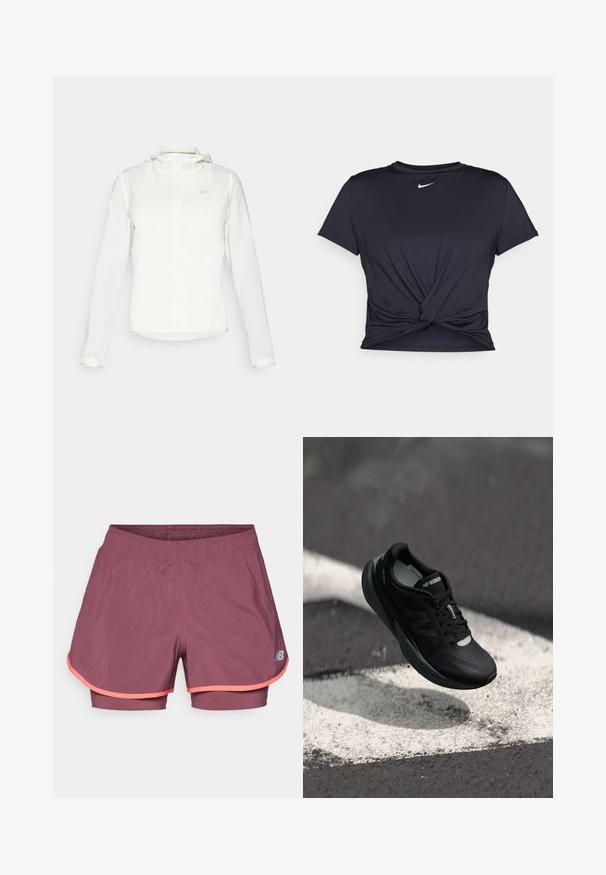 Witte Nike-jack met een capuchon, volledige rits, elastische manchetten en een subtiele logo op de borst. Gladde textuur en lichtgewicht ontwerp.; Zwarte sportieve T-shirt van gladde stof, met een geknoopt ontwerp aan de voorkant en een klein wit Nike-logo op de borst.; Lichte, bordeauxrode sportshorts met een binnenvoering. Voorzien van een contrasterende roze rand en een elastische tailleband voor extra comfort.; Zwarte hardloopschoen met een gestructureerde bovenkant, slank ontwerp en reflecterende accenten. Heeft een zachte, gevoerde zool voor comfort.