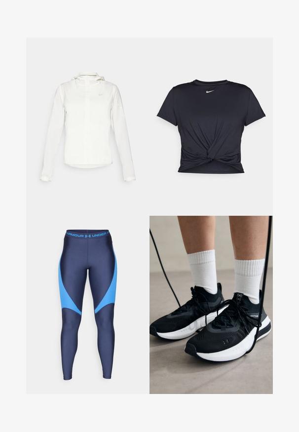 Balta Nike jaka ar kapuci, pilna rāvējslēdzēja, elastīgām piedurknēm un diskrētu logotipu uz krūšu daļas. Gluda tekstūra un viegla konstrukcija.; Melna sporta t-kreklu ar gludu audumu, ar mezglošanas priekšpusi un mazu baltu Nike logotipu uz krūšu daļas.; Jūras spēku legingi ar gaiši ziliem akcentiem, izgatavoti no gludas, elastīgas auduma. Iespējas - plata jostasvieta ar zīmola logo z blue.; Melni sporta apavi ar strukturētu audumu, balta zole un melni šņores. Valkāti ar baltām ribotām zeķēm, stāvot uz gaišas virsmas.
