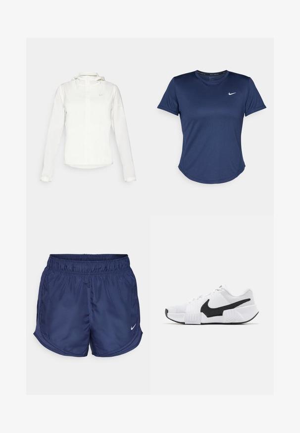 Biała kurtka Nike z kapturem, na zamek błyskawiczny, elastyczne mankiety i subtelne logo na piersi. Gładka tekstura i lekka konstrukcja.; Granatowa koszulka sportowa z krótkim rękawem, okrągłym dekoltem i logo Nike na piersi. Wykonana z gładkiego, lekkiego materiału.; Navy szorty sportowe z elastycznym pasem i bocznymi panelami z siateczki. Posiadają małe białe logo Nike na dolnej lewej stronie.; Białe buty sportowe z czarnymi akcentami, z siateczkową górą o teksturowanej powierzchni, wyściełanym kołnierzem i gumową podeszwą z wzorem w zygzak.