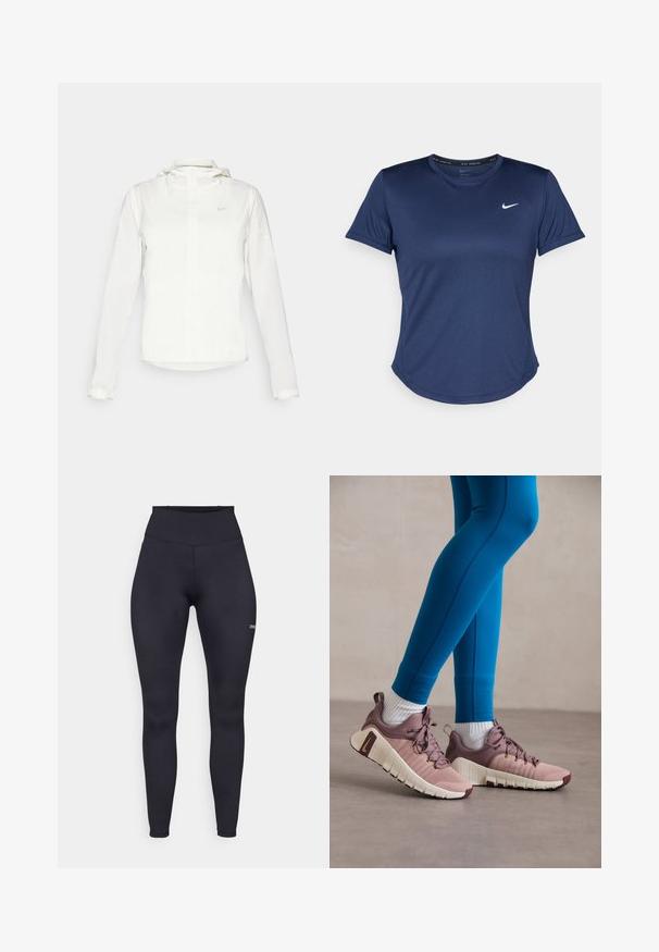 Casaco branco da Nike com capuz, fecho completo, punhos elásticos e um logótipo subtil no peito. Textura suave e design leve.; T-shirt atlético azul-marinho com mangas curtas, decote redondo e logótipo da Nike no peito. Feito de um tecido liso e leve.; Leggings pretos de cintura alta, feitos de tecido elástico, com uma textura suave e um pequeno logotipo na parte inferior da perna. Design ajustado ao corpo.; Ténis atléticos em rosa claro e bege com painéis laterais texturizados, detalhes em castanho e solas flexíveis. Usados com leggings azuis e meias brancas.
