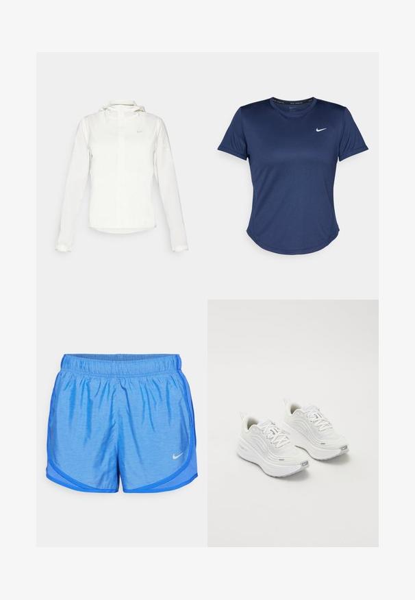 Bijela Nike jakna s kapuljačom, punim zatvaračem, elastičnim manžetama i suptilnim logotipom na prsima. Glatka textura i lagan dizajn.; Tamnoplavi atletski T-shirt s kratkim rukavima, okruglim izrezom i Nike logotipom na prsima. Izrađen od glatkog, laganog materijala.; Plave atletske šortse s elastičnim pojasom, lagani materijal, zakrivljeni rub i kontrastni detalj na bočnoj strani. Nike logo na donjoj lijevoj strani.; Bijele sportske tenisice s teksturiranim mrežastim gornjim dijelom, podstavljenom potplatom i suptilnim sivim naglascima. Uključuju brendiranje i petlju na peti za lakše obuvanje.
