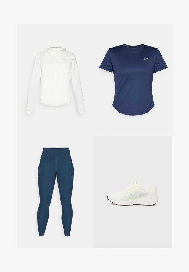 Giacca Nike bianca con cappuccio, zip completa, polsini elasticizzati e un logo discreto sul petto. Texture liscia e design leggero.; T-shirt sportivo blu navy con maniche corte, scollatura rotonda e logo Nike sul petto. Realizzato in tessuto liscio e leggero.; Leggings blu navy realizzati in un materiale elasticizzato, con vita alta, tasche laterali e dettagli sottili vicino alle tasche.; Nike Performance DOWNSHIFTER 13 - Scarpe da corsa su strada - sail/silver-coloured photon dust/summit white/barely volt/black