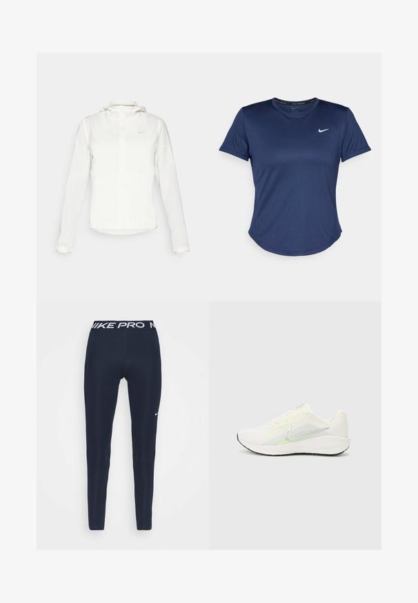 Valge Nike jakker, millel on kapuuts, täispikk tõmblukk, elastsed mansetid ja diskreetne logo rinnal. Sile tekstuur ja kerge disain.; Tume sinine sportlik T-särk lühikeste varrukatega, ümar kaelus ja Nike logo rinnal. Valmistatud siledast, kergest kangast.; Tumed sinine Nike Pro leggins, millel on lai valge vöökoht, millel on "NIKE PRO" logo ja väike valge Swoosh detail vasakul reiel. Sile tekstuur.; Nike Performance DOWNSHIFTER 13 - Maanteejooksu jalatsid - sail/silver-coloured photon dust/summit white/barely volt/black