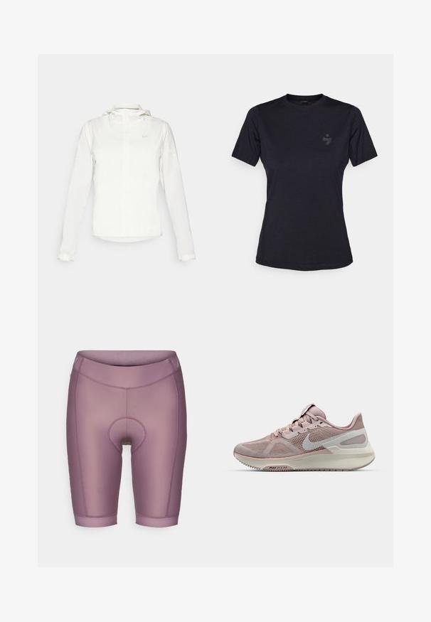 Veste blanche Nike avec capuche, fermeture éclair intégrale, poignets élastiques et un logo discret sur la poitrine. Texture lisse et design léger.; T-shirt noir à manches courtes en tissu doux, avec un col rond et un petit logo ton sur ton sur le haut de la poitrine gauche.; Shorts de cyclisme mauves en tissu lisse et extensible ; dotés d'un insert rembourré et d'une large ceinture ; longueur genou avec coutures plates.; Chaussure de course Nike avec une tige en maille rose pâle et grise, dotée d'une semelle rembourrée et d'un design de pointe arrondie. Logo swoosh en accent.