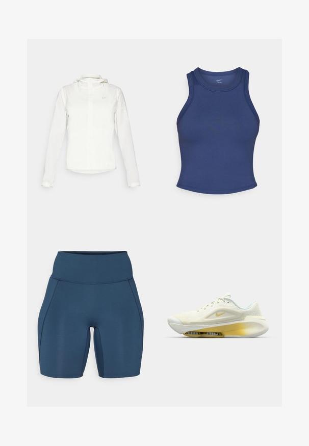 Valge Nike jakker, millel on kapuuts, täispikk tõmblukk, elastsed mansetid ja diskreetne logo rinnal. Sile tekstuur ja kerge disain.; Tumesinine sporditop, millel on liibuv disain, ümmargune kaelus ja sile tekstuur. Omab minimaalseid õmblusi ja nähtavat brändi pole.; Tumedat sinised trennipüksid kõrge vöökoha ning siledate õmblustega. Omavad kitsast disaini, mis ulatub keskmise reieni.; Nike spordijalatset heledas kollases ja valges. Omab võrkkangast ülemist osa, pehmendatud kaelaosa ja nähtavat Air Zoom üksust tallas. Tekstuuriga kangas.