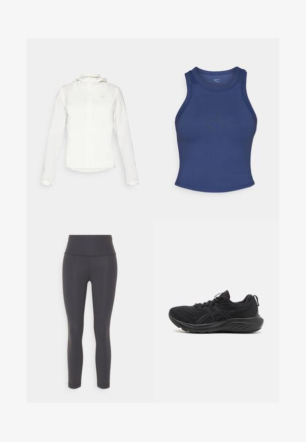 Valge Nike jakker, millel on kapuuts, täispikk tõmblukk, elastsed mansetid ja diskreetne logo rinnal. Sile tekstuur ja kerge disain.; Tumesinine sporditop, millel on liibuv disain, ümmargune kaelus ja sile tekstuur. Omab minimaalseid õmblusi ja nähtavat brändi pole.; Mustad mustad treeninglegid, mis on valmistatud venivast materjalist, kõrge vöökoha, sujuva silueti ja õmblusteta disainiga ilma mustriteta.; Mustad mustreebiga mustad spordijalatsid, hingav võrk, struktureeritud tald, ümar varvas ja tekstuuriga pind. Omab musti paelu ja logo detaile.