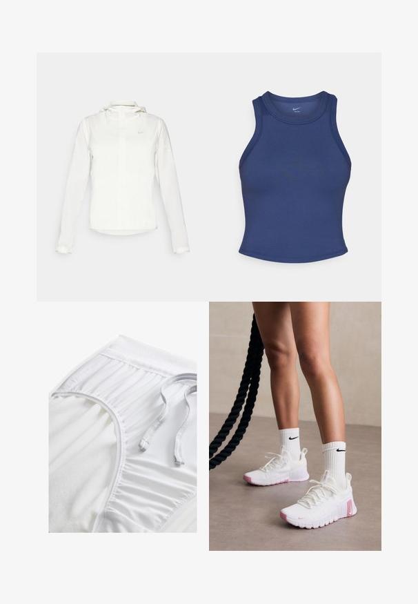 Jachetă albă Nike cu glugă, fermoar pe toată lungimea, manșete elastice și un logo subtil pe piept. Textură netedă și design ușor.; Tricou sportiv fără mâneci de culoare bleumarin, cu un design mulat, decolteu rotund și textură netedă. Prezintă cusături minime și fără branding vizibil.; Shorts albi de sport cu un tiv texturat, detalii laterale pliate și un șnur plat. Material moale cu un finisaj neted.; Pantofi sport albi cu accente roz, parte superioară texturată și guler căptușit, asociați cu șosete albe cu dungi și un logo negru.