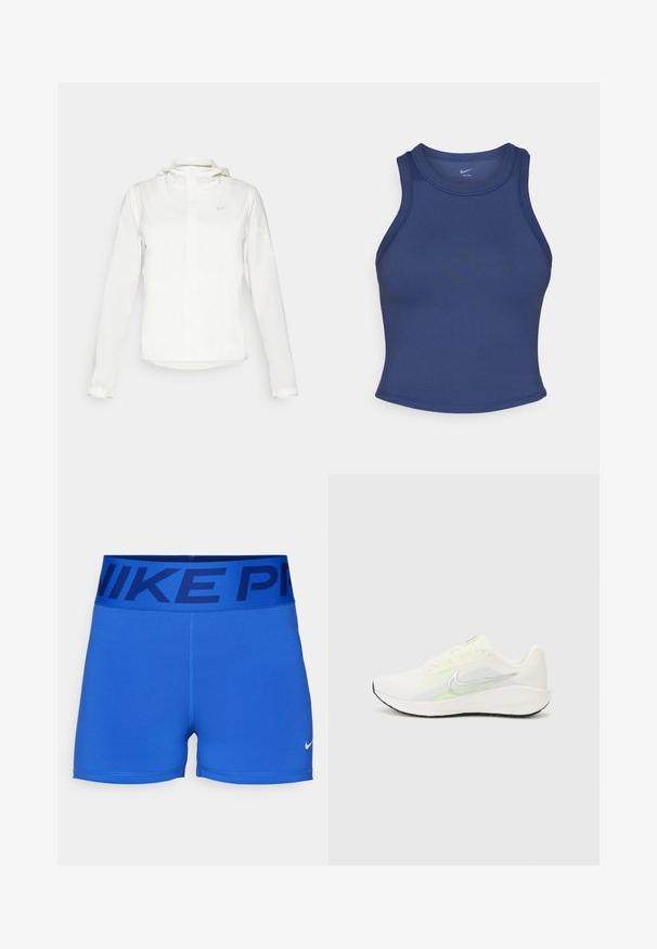 Casaco branco da Nike com capuz, fecho completo, punhos elásticos e um logótipo subtil no peito. Textura suave e design leve.; Top de treino azul marinho com um design ajustado, gola redonda e textura suave. Apresenta costuras mínimas e sem marcas visíveis.; Calções desportivos azuis feitos de um tecido liso e elástico. Apresentam uma cintura larga com "NIKE PRO" em azul escuro e um pequeno logótipo da Nike em branco.; Nike Performance DOWNSHIFTER 13 - Sapatos para corrida em estrada - sail/silver-coloured photon dust/summit white/barely volt/black