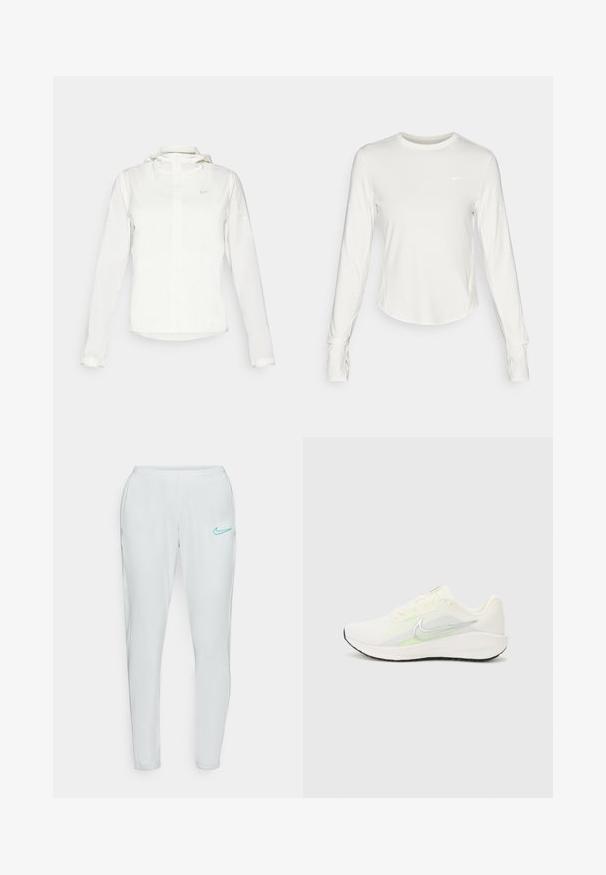White Nike jacket with a hood, full zip, elastic cuffs, and a subtle logo on the chest. Smooth texture and lightweight design.; White long-sleeve athletic shirt made of smooth, lightweight material. Features a round neckline and a Nike logo on the chest.; Light gray athletic pants with a tapered fit, elastic waistband, and aqua blue Nike logo on the left thigh. Smooth, stretchy fabric.; Nike Performance DOWNSHIFTER 13 - Road running shoes - sail/silver-coloured photon dust/summit white/barely volt/black