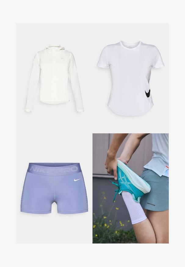 Weiße Nike-Jacke mit Kapuze, durchgehendem Reißverschluss, elastischen Bündchen und einem dezenten Logo auf der Brust. Glatte Textur und leichtes Design.; Weißes, kurzärmliges Sportshirt aus glattem Stoff, mit einem schwarzen Nike-Logo auf der linken Seite und einem abgerundeten Saum am unteren Ende.; Nike Pro Kompressionsshorts in helllila, mit einem breiten Bund, der mit "NIKE PRO"-Text verziert ist, glatter Textur und gemusterten seitlichen Akzenten.; Türkise Sportschuh mit strukturierter Oberfläche, weißen Schnürsenkeln und Sohle. Person mit einem gestreckten Bein trägt eine weiße Socke und graue Sportshorts.
