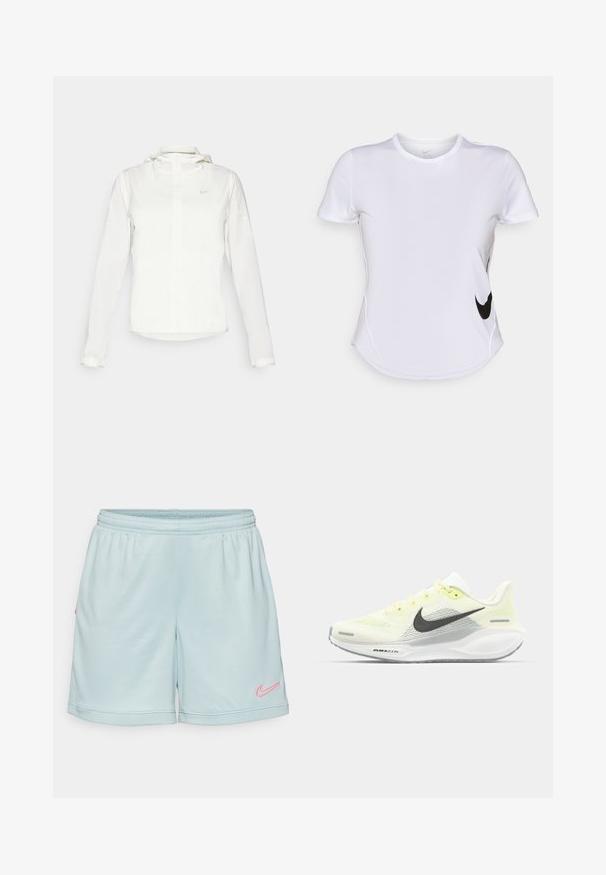Weiße Nike-Jacke mit Kapuze, durchgehendem Reißverschluss, elastischen Bündchen und einem dezenten Logo auf der Brust. Glatte Textur und leichtes Design.; Weißes, kurzärmliges Sportshirt aus glattem Stoff, mit einem schwarzen Nike-Logo auf der linken Seite und einem abgerundeten Saum am unteren Ende.; Hellblaue Sportshorts mit einem elastischen Bund, die ein pinkes Nike-Logo an der Seite und eine Netzstruktur am Saum aufweisen.; Nike Laufschuhe mit einem hellgelben und weißen Mesh-Obermaterial, grauen Akzenten und einer flexiblen Gummisohle. Verfügt über einen Schnürverschluss.