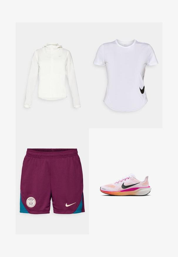 Weiße Nike-Jacke mit Kapuze, durchgehendem Reißverschluss, elastischen Bündchen und einem dezenten Logo auf der Brust. Glatte Textur und leichtes Design.; Weißes, kurzärmliges Sportshirt aus glattem Stoff, mit einem schwarzen Nike-Logo auf der linken Seite und einem abgerundeten Saum am unteren Ende.; Nike Performance PARIS ST GERMAIN STRIKE SHORT - Kurze Sporthose - bordeaux/geode teal/guava ice; Weiße Laufschuhe mit oberen Netzmaterial, rosa und orange Akzenten, schwarzem Swoosh-Logo, Gummiaußensohle und gepolstertem Mittelsohle für Komfort.