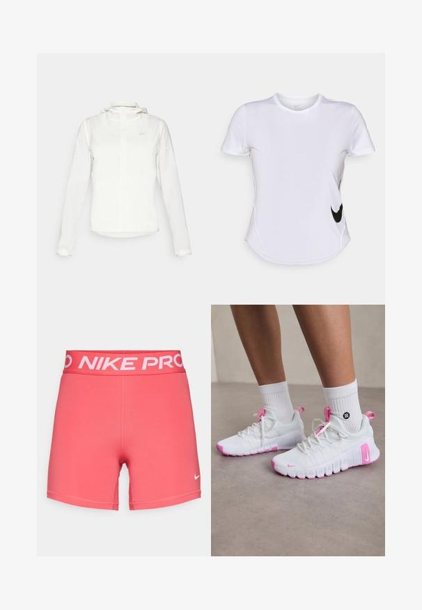 Hvit Nike-jakke med hette, hel glidelås, elastiske mansjetter og en diskret logo på brystet. Glatt tekstur og lett design.; Hvit kortermet treningsskjorte laget av glatt stoff, med en svart Nike-logo på venstre side og en buet søm nederst.; Nike Performance SHORT - Tights - aster pink/white; Hvite treningssko med rosa detaljer, strømlinjeformet design, teksturert mesh-overdel og fleksibel gummisåle. Utstyrt med logo og oppdragsløkke.
