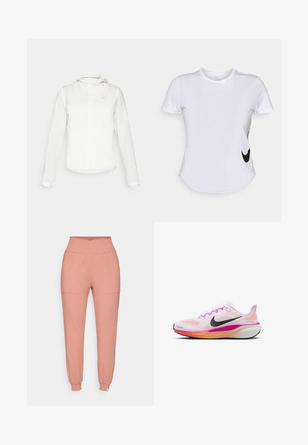 Vit Nike-jacka med huva, hel dragkedja, elastiska ärmslutar och en diskret logotyp på bröstet. Slät textur och lätt design.; Vit kortärmad träningsskjorta i slät tyg, med en svart Nike-logotyp på vänster sida och en rundad nederkant.; Rosa joggerbyxor i mjukt material. Har en smockad midja, två framfickor och smalnande fållar vid anklarna.; Vit löparsko med mesh-övre, rosa och orange accenter, svart swoosh-logotyp, gummiyttersula och stoppad mellanSula för komfort.